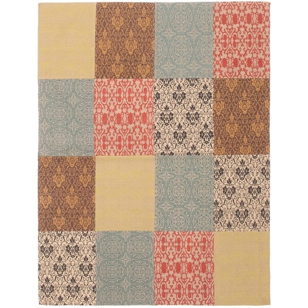 ECARPETGALLERY Handmade Collage Ivory, Slate Blue Chenille Rug - 5'8 x 7'5