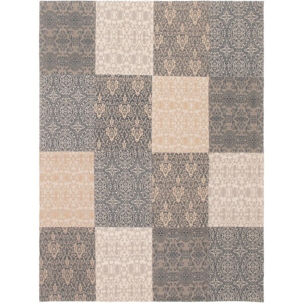 ECARPETGALLERY Handmade Collage Denim Blue, Ivory Chenille Rug - 5'8 x 7'7