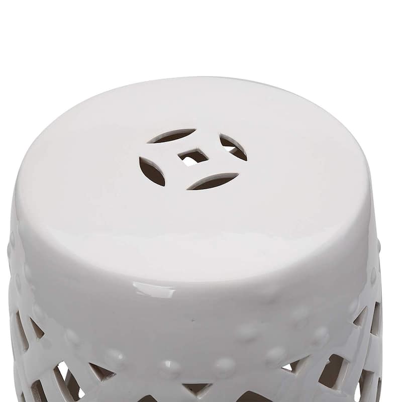 Outsunny 14" Heavy Duty Multi-Use Ceramic Garden Stool / Round Side Table / Foot Rest with Knotted Ring Design White