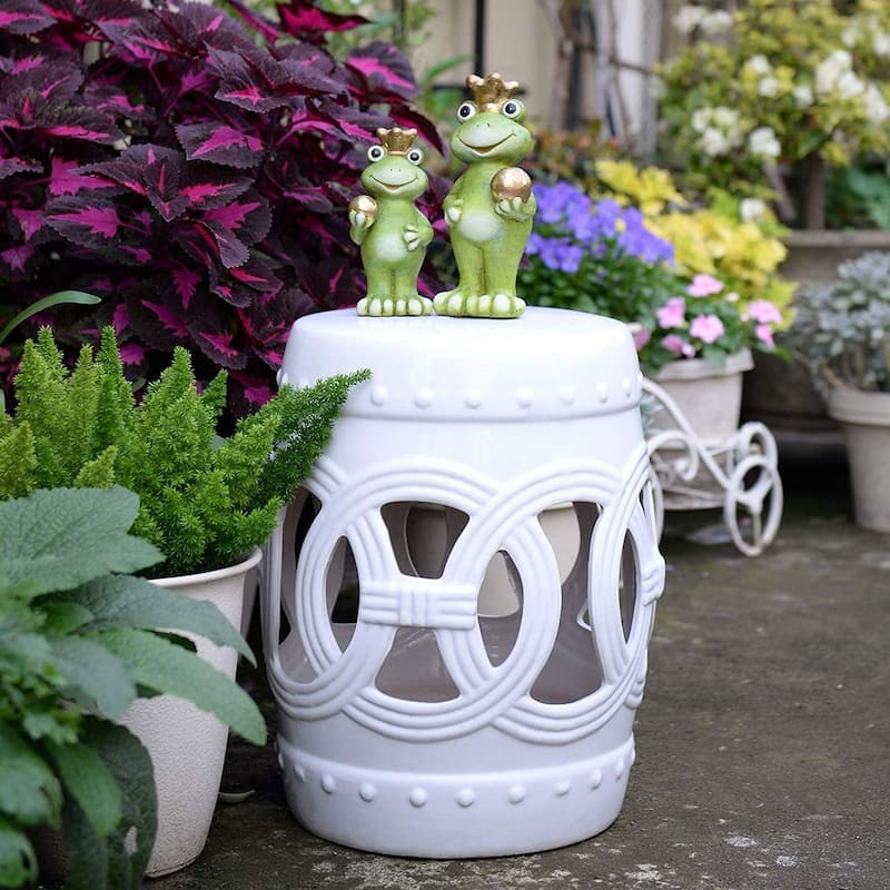 Outsunny 14" Heavy Duty Multi-Use Ceramic Garden Stool / Round Side Table / Foot Rest with Knotted Ring Design White