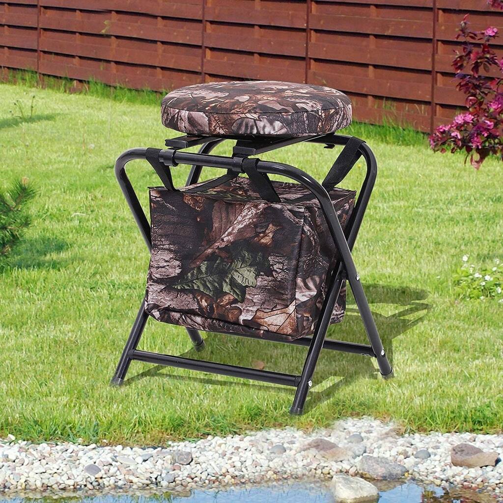 Outsunny 19" 360 Degree Swivel Folding Travel Camping Stool with Storage Bag - Brown Camo