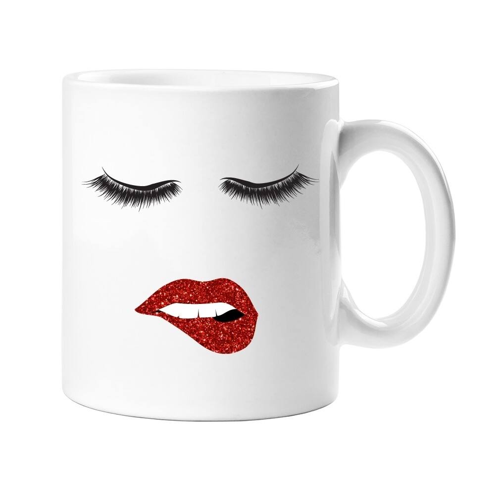 Biting Lips Lipstick Glitter Effect with Eyelashes Coffee Mug