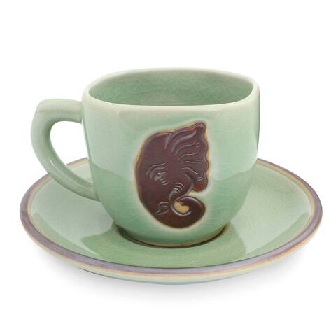 Handmade Green Thai Elephant Celadon ceramic cup and saucer (Thailand)