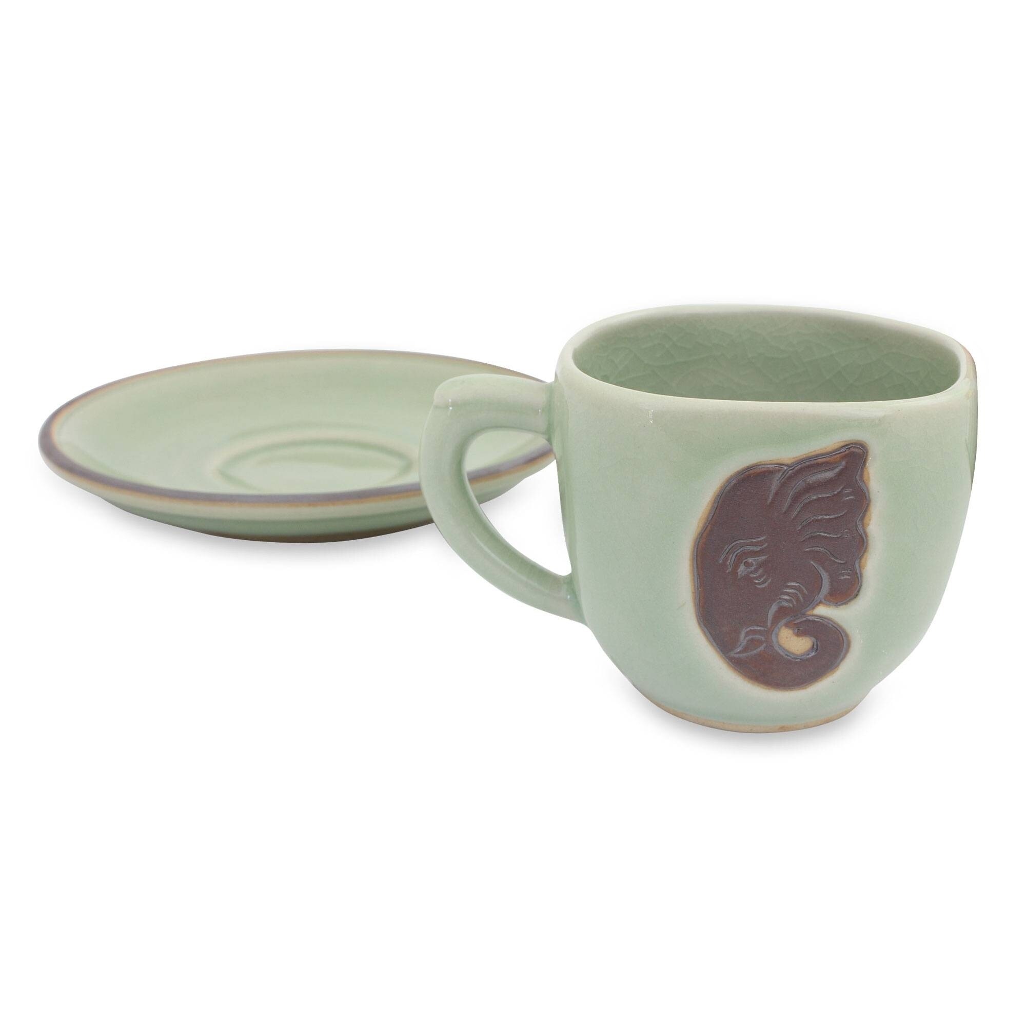 Celadon Ceramic Elephant Mug in Green from Thailand (10 oz