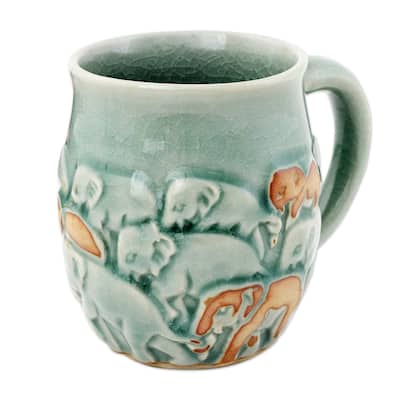 Handmade Light Blue Elephant Herd Celadon ceramic mug