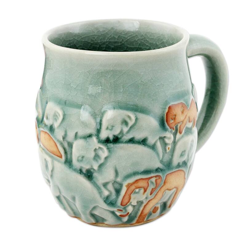 Handmade Light Blue Elephant Herd Celadon ceramic mug