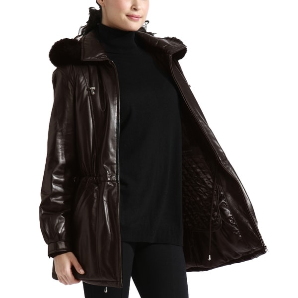 Women's Brown Lambskin Leather Anorak Parka Detachable Hood