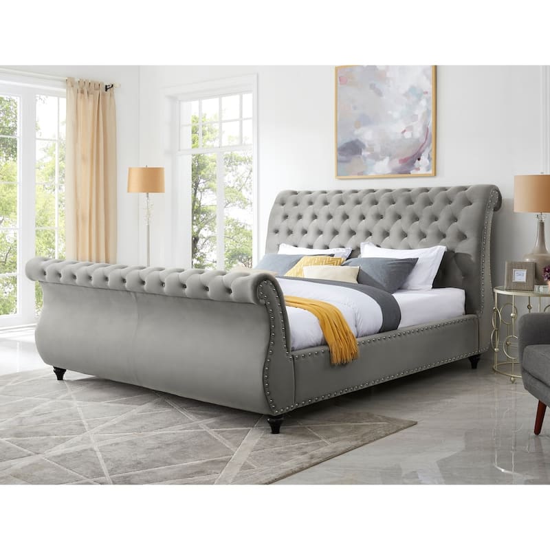 Roundhill Furniture Evora Grey Velvet Button-tufted Sleigh Bed - King