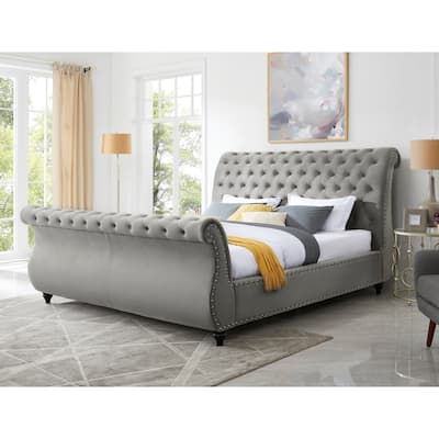 Roundhill Furniture Evora Grey Velvet Button-tufted Sleigh Bed