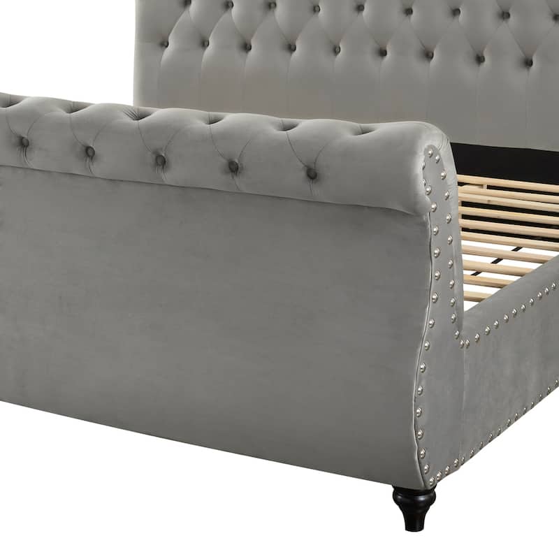 Roundhill Furniture Evora Grey Velvet Button-tufted Sleigh Bed