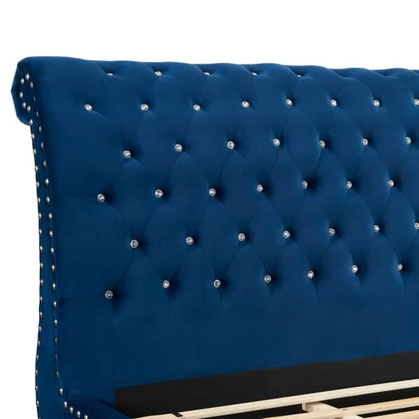 Evora Blue Velvet Upholstered Crystal Button Tufted Sleigh Bed On Sale Overstock 28234773