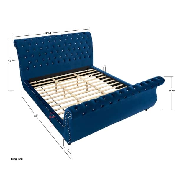 dimension image slide 0 of 2, Roundhill Furniture Evora Blue Velvet Upholstered Crystal Button Tufted Sleigh Bed