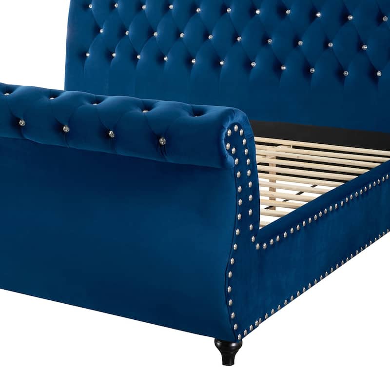 Roundhill Furniture Evora Blue Velvet Upholstered Crystal Button Tufted Sleigh Bed