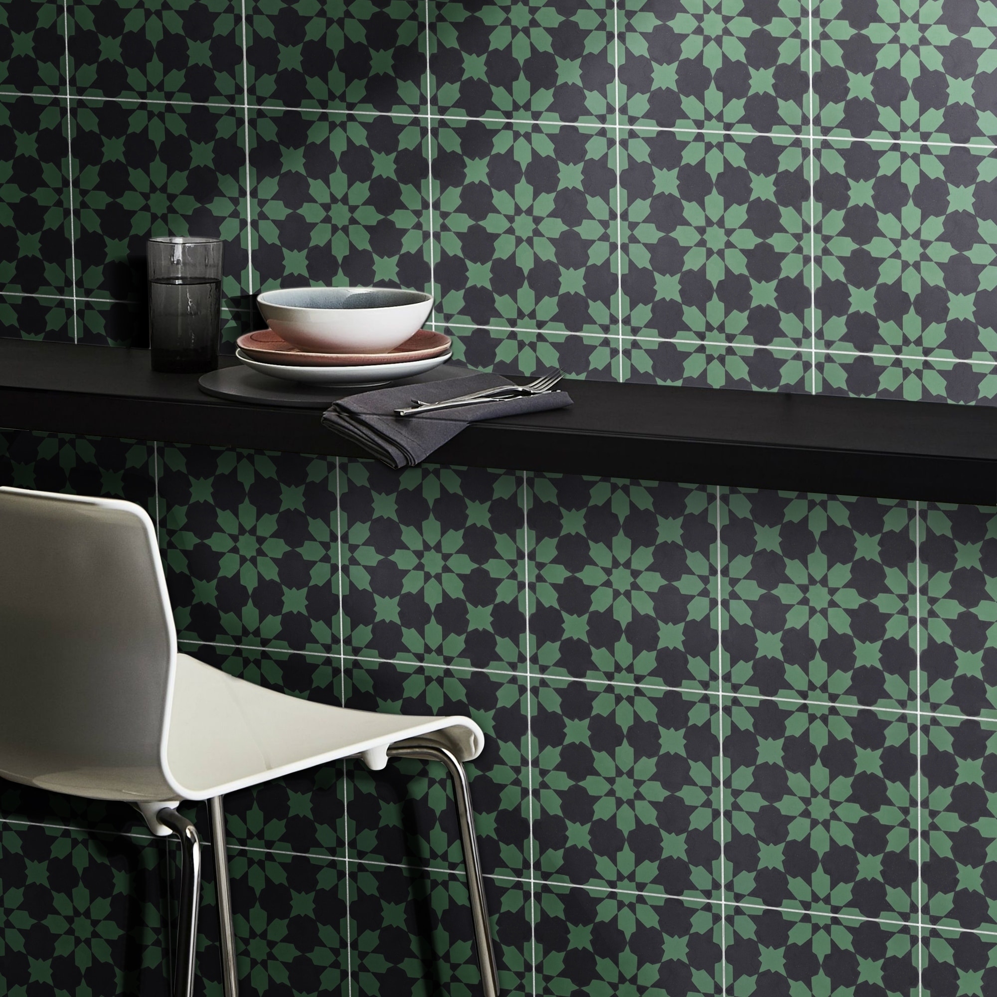 Handmade Ahfir in Green and Black Tile, Pack of 12 (Morocco)