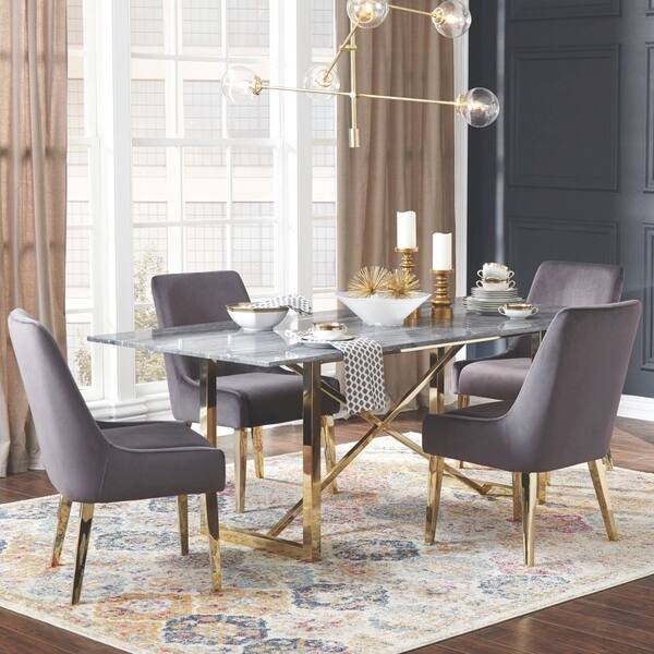 Modern Design Gold Frame Marble Top And Grey Velvet Chairs Dining Set On Sale Overstock 28236642