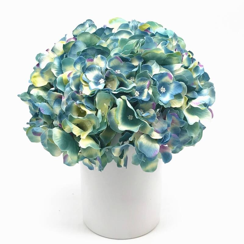 Enova Home Artificial Blue Fake Silk Hydrangea Flowers Arrangement in White Ceramic Vase for Home Decoration