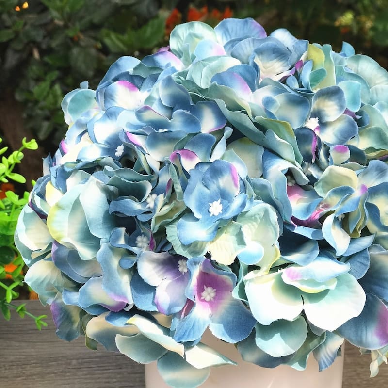 Enova Home Artificial Blue Fake Silk Hydrangea Flowers Arrangement in White Ceramic Vase for Home Decoration