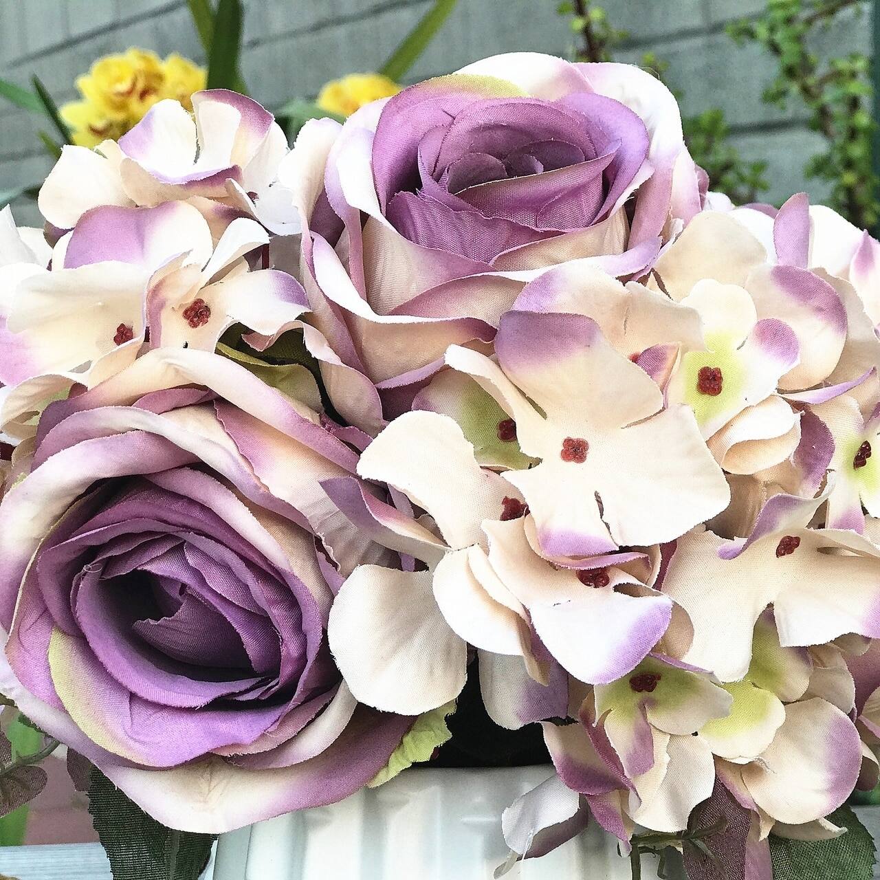 Enova Home Artificial Silk Open Roses And Hydrangea Fake Flowers Arrangement In White Ceramic