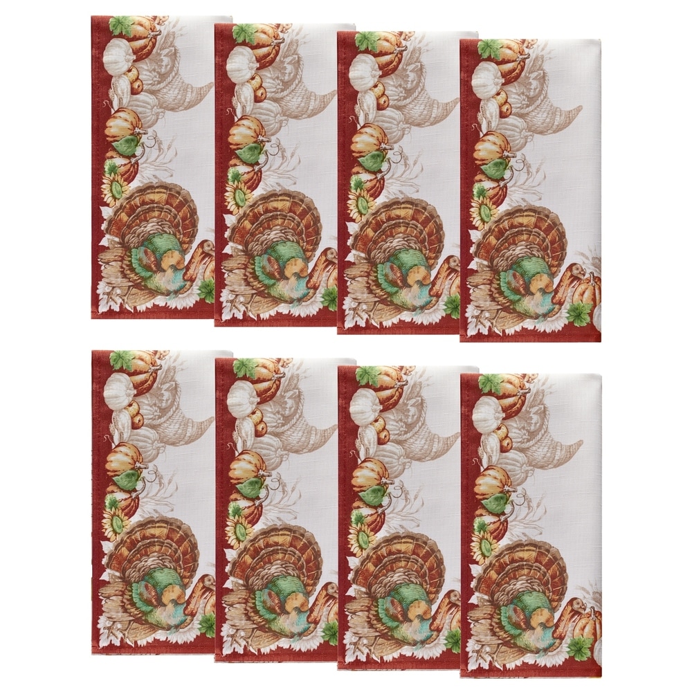 Holiday Turkey Bordered Fall Napkins, Set of 8 - 17"x17"