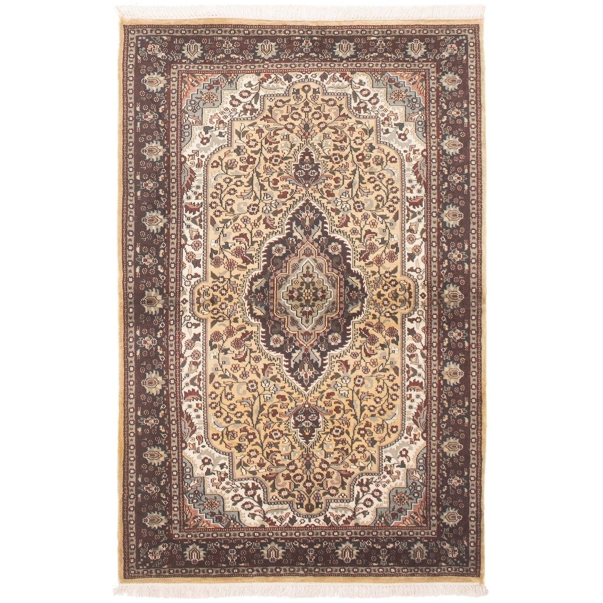 Hand-knotted Kashmir Ivory, Tan Silk Rug - 3'10 x 6'2/3'10" x 6'2"