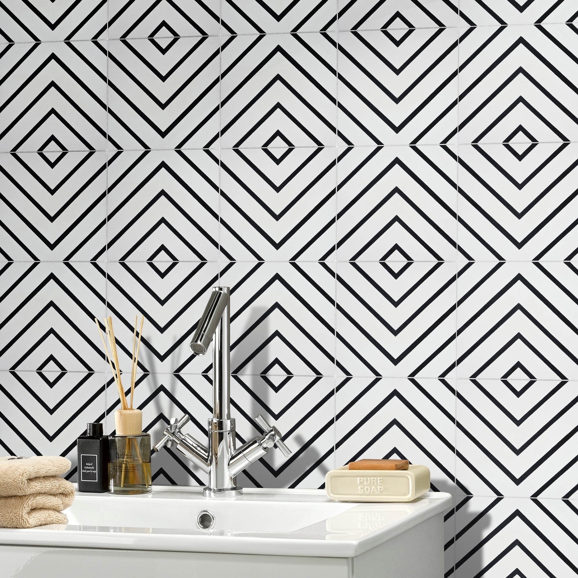 Handmade Amlil in White and Black Tile, Pack of 12 (Morocco)