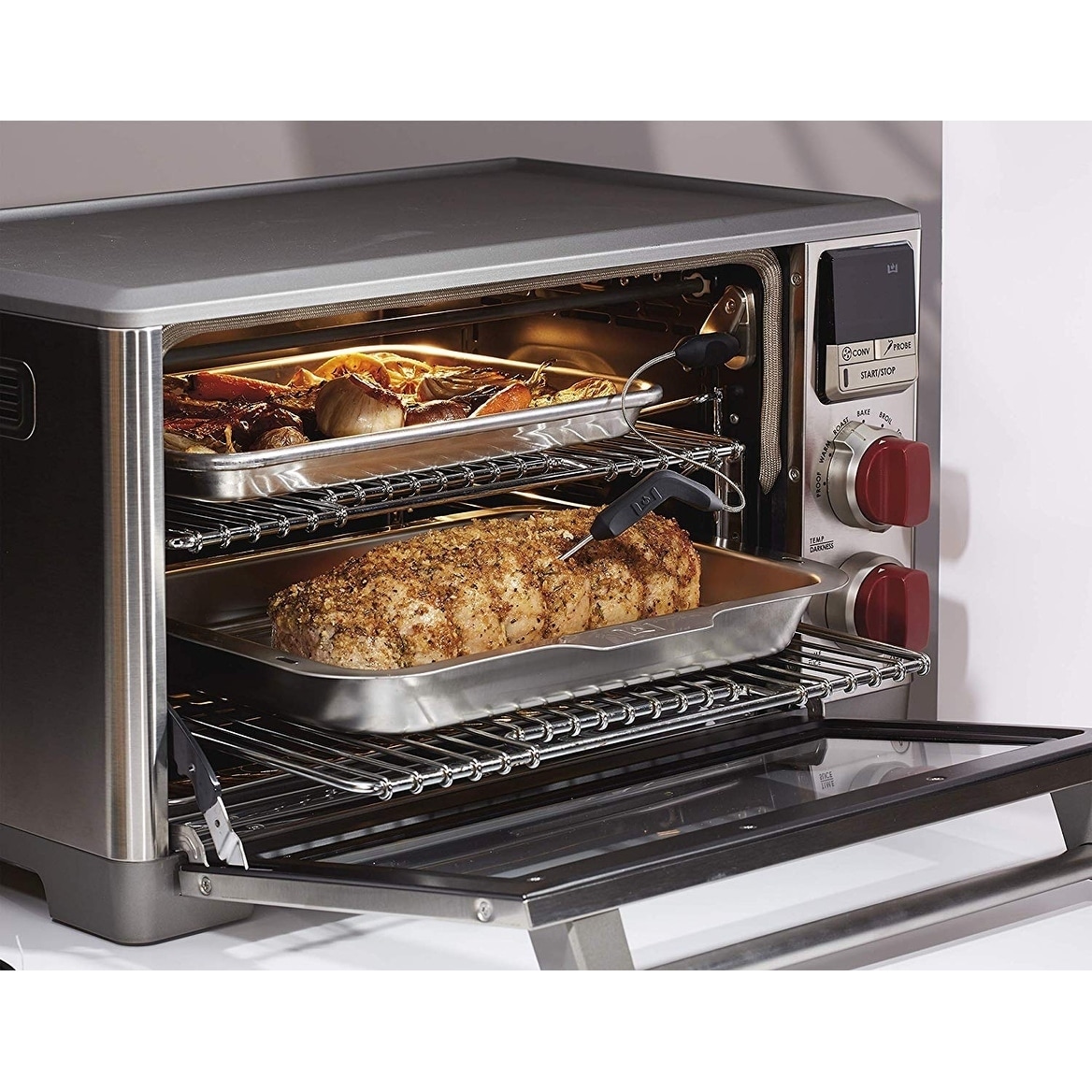 Wolf Gourmet Elite Digital Countertop Convection Toaster Oven with  Temperature Probe, Stainless Steel and Red Knobs (WGCO150S)