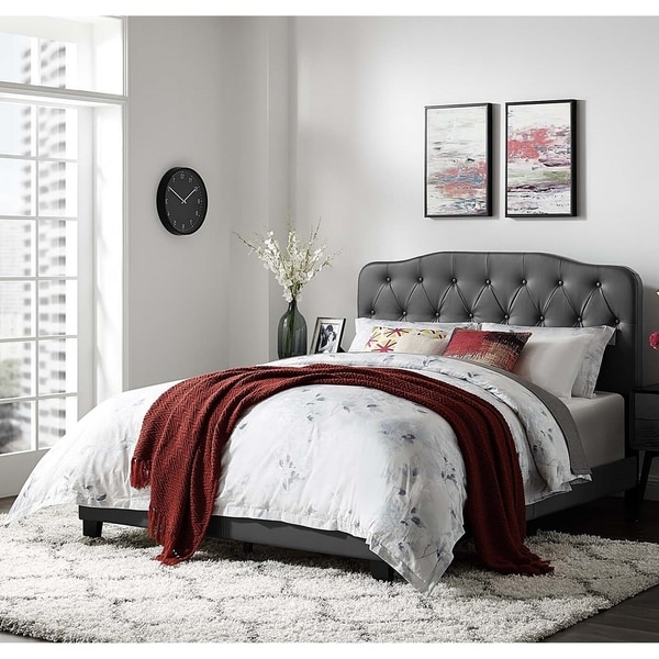 Dayton Twin Size Grey Leather Platform Bed with Button Tufted Headboard