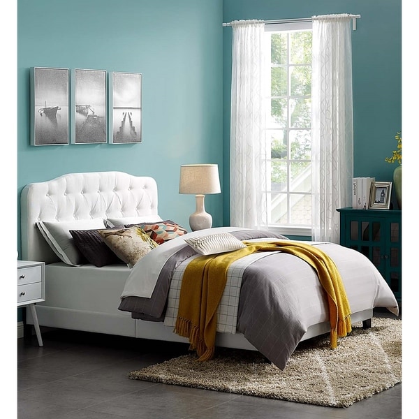 Dayton Twin Size White Fabric Platform Bed with Button Tufted Headboard