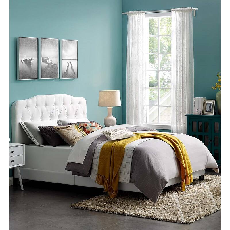 Dayton Full Size White Fabric Platform Bed with Button Tufted Headboard