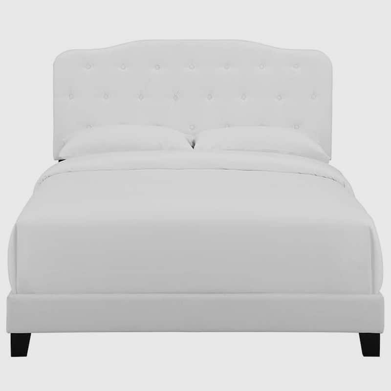 Dayton Queen Size White Fabric Platform Bed with Button Tufted Headboard
