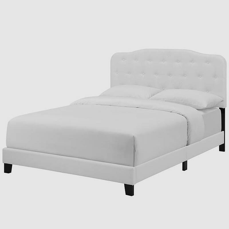 Dayton Queen Size White Fabric Platform Bed with Button Tufted Headboard