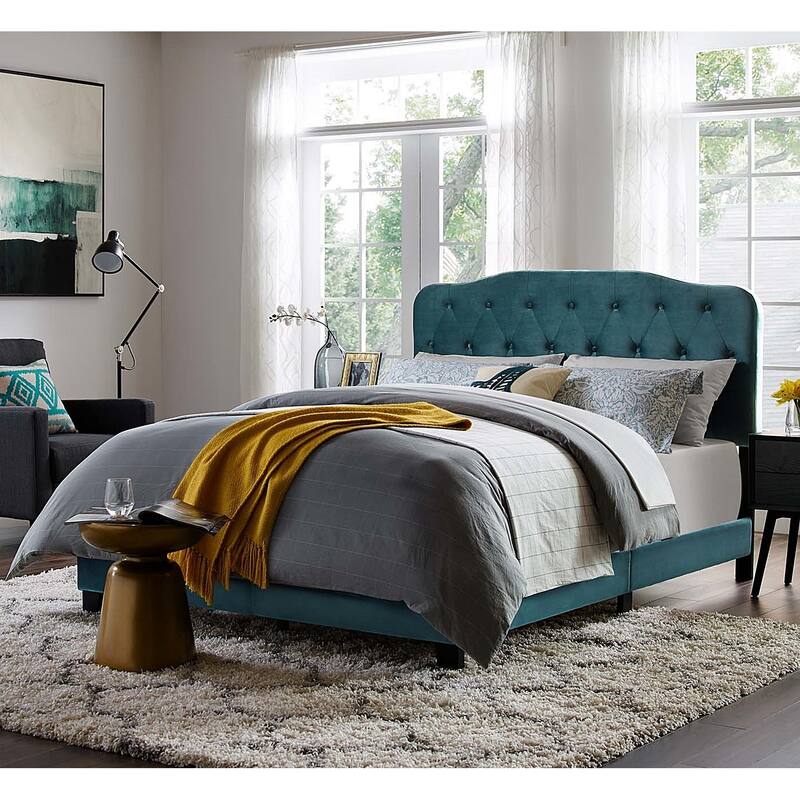 Dayton Full Size Teal Velvet Platform Bed with Button Tufted Headboard