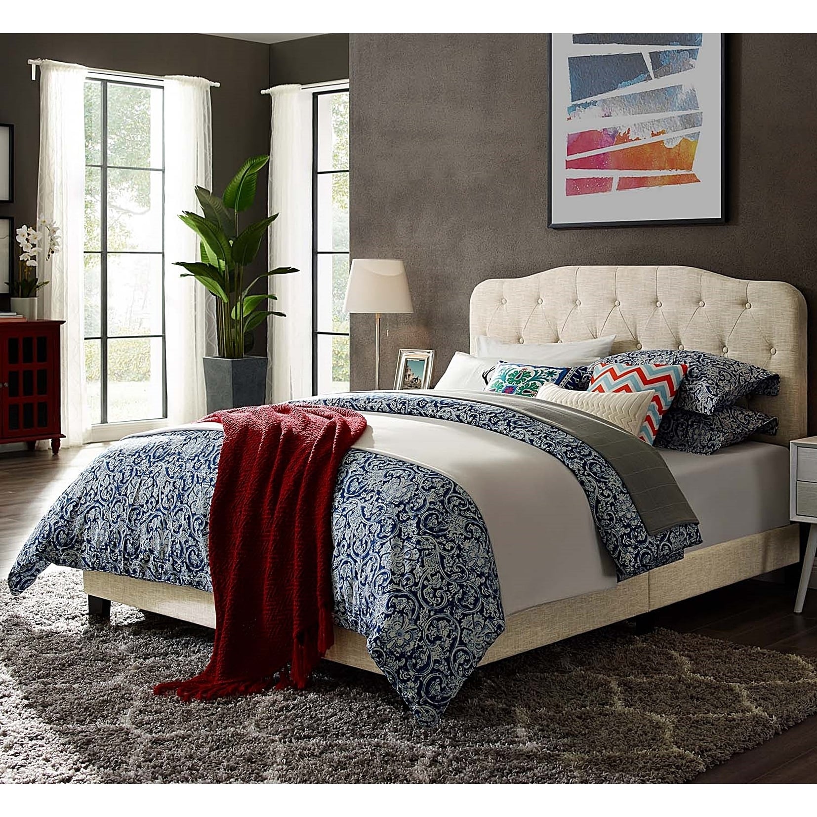 Dayton Queen Size White Fabric Platform Bed with Button Tufted ...