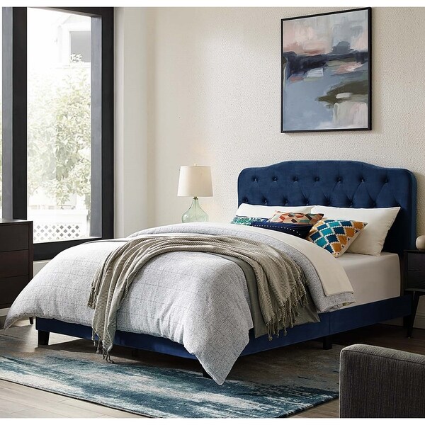 Dayton Twin Size Blue Velvet Platform Bed with Button Tufted Headboard