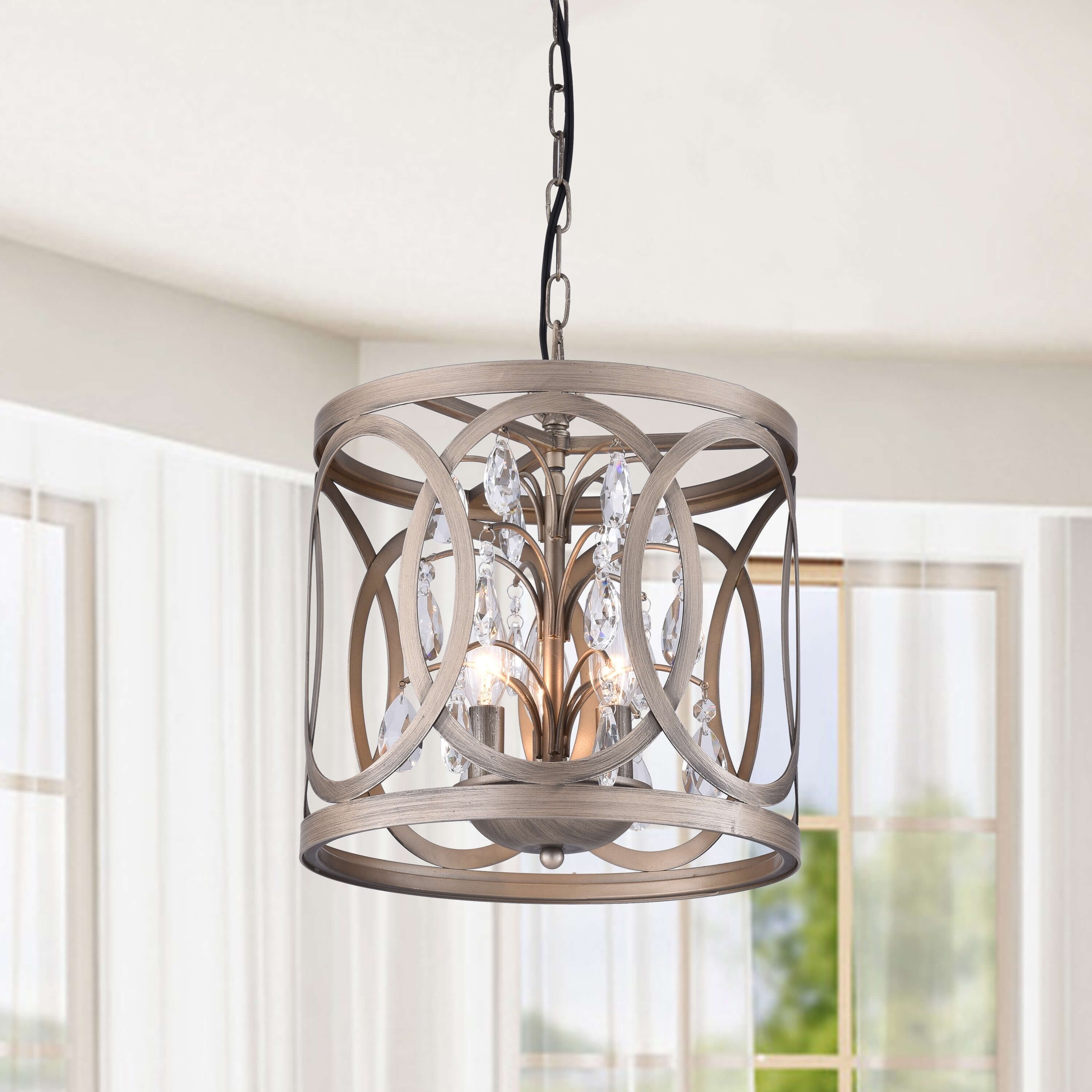 Aurelia 3-light Brushed Champagne Metal Cage Drum Chandelier - N/A - Chandeliers For Bedrooms by Overstock.com