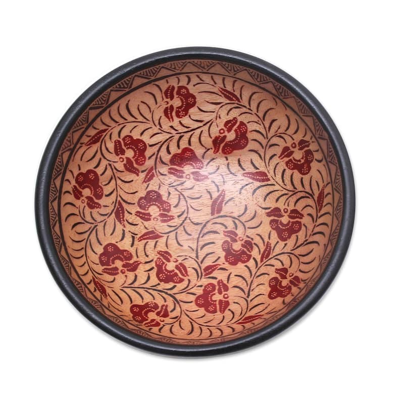 NOVICA Handmade Lok Chan Flowers Batik Wood Decorative Bowl (Indonesia)