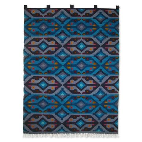 Handmade Blue Roosters Wool tapestry (Peru)