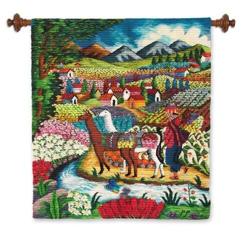 Handmade Harvesting Flowers Wool tapestry (Peru)