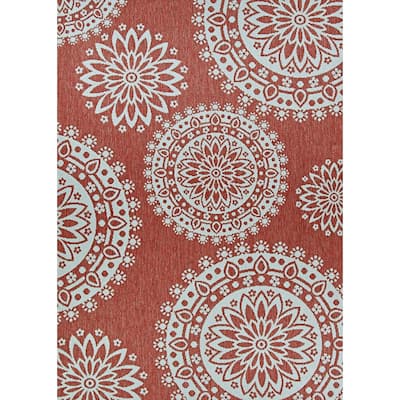 Porch & Den Joelle Coral and Grey Floral Pattern Indoor/Outdoor Reversible Area Rug