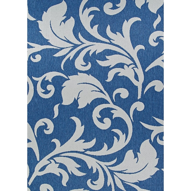 Porch & Den John Blue and Grey Damask Pattern Indoor/Outdoor Reversible Area Rug