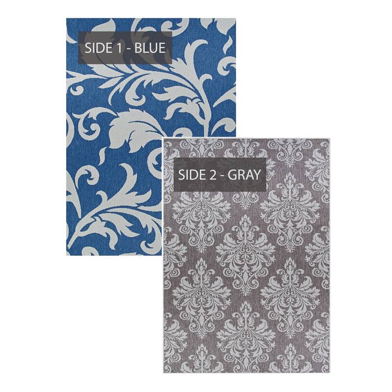 Porch & Den John Blue and Grey Damask Pattern Indoor/Outdoor Reversible Area Rug