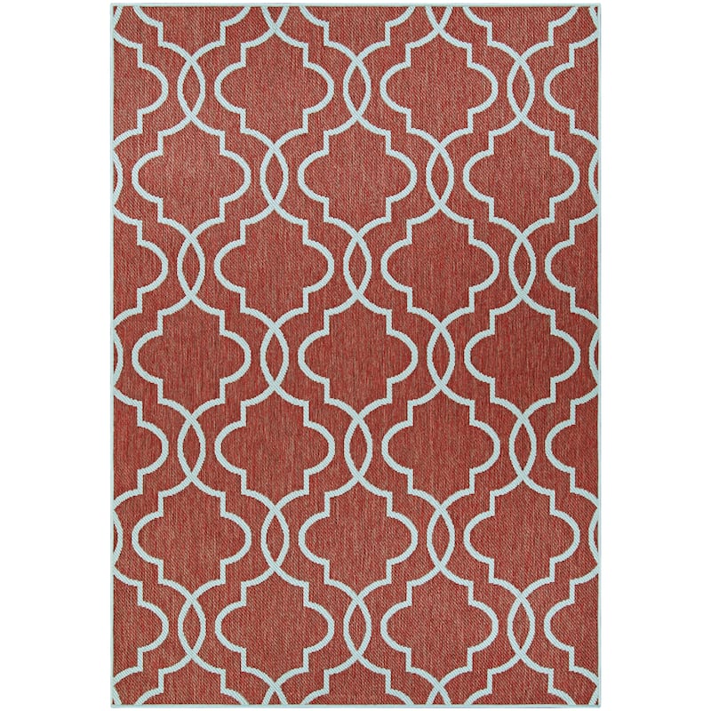 Porch & Den Johnson Coral and Grey Trellis Pattern Indoor/Outdoor Reversible Area Rug