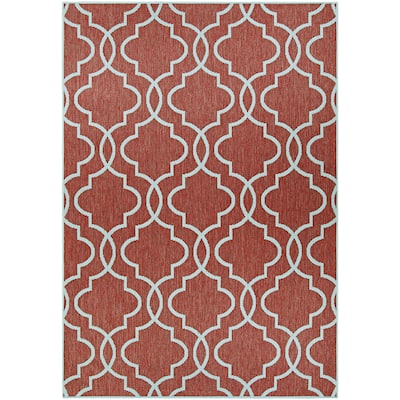 Porch & Den Johnson Coral and Grey Trellis Pattern Indoor/Outdoor Reversible Area Rug
