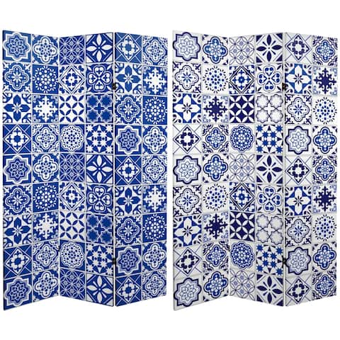 Handmade 6' Double Sided Blue and White Tile Canvas Room Divider