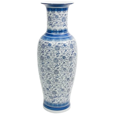 Handmade 36" Floral Blue and White Porcelain Tung Chi Vase