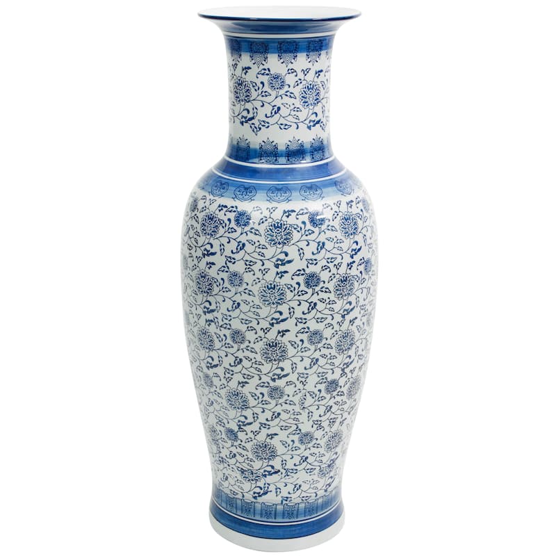 Handmade 36" Floral Blue and White Porcelain Tung Chi Vase