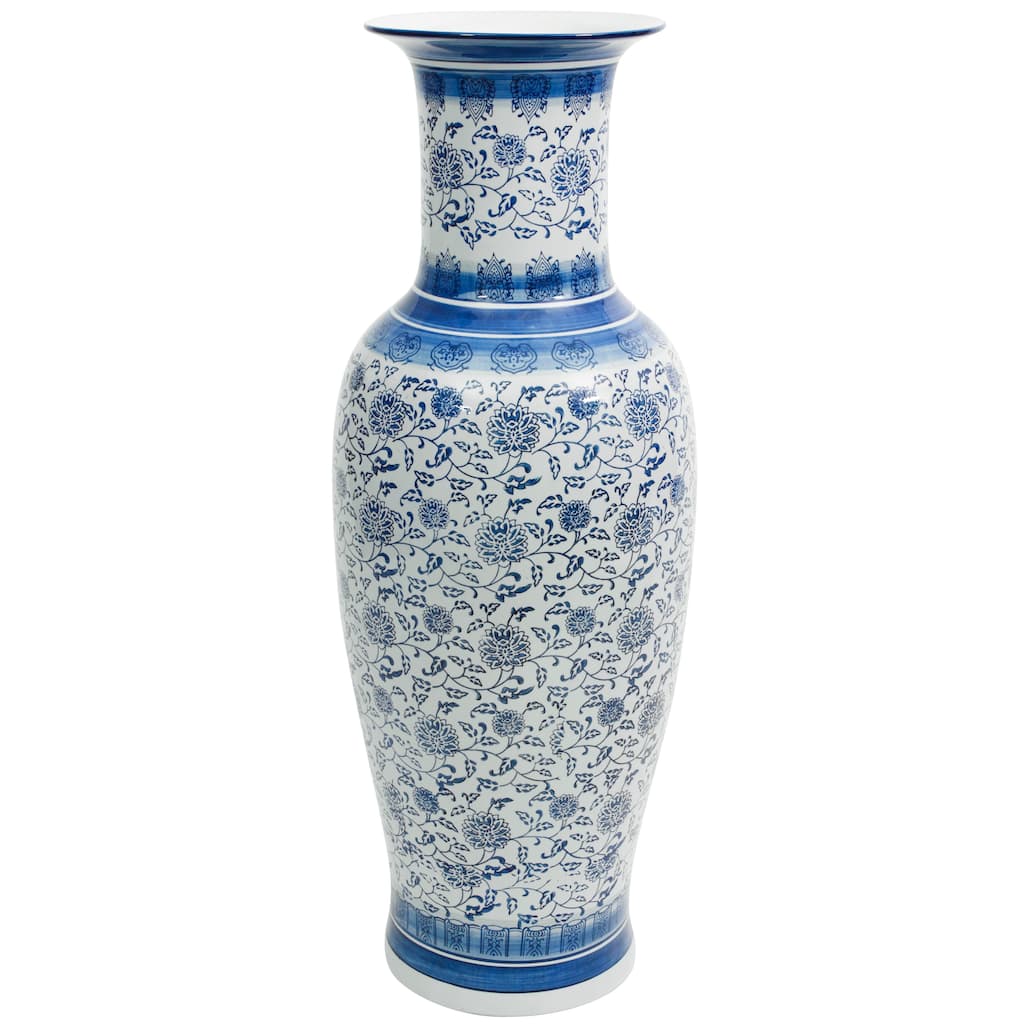 Handmade 36" Floral Blue and White Porcelain Tung Chi Vase