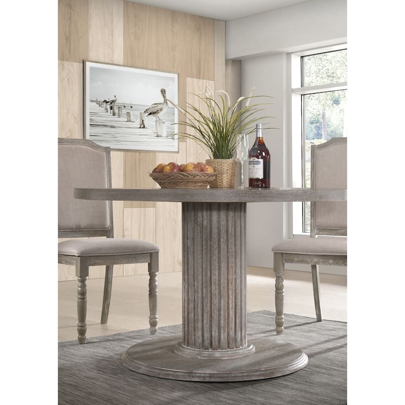 The Gray Barn Spring Mount Wood Pedestal Dining Table in Reclaimed Grey