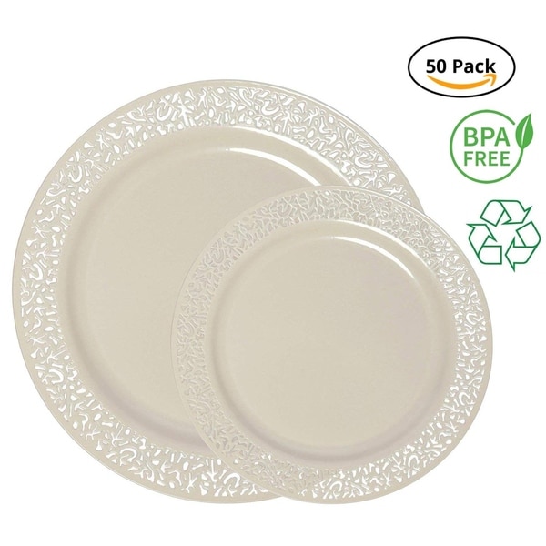 Party Joy 50-Piece Plastic Dinnerware Set, Lace Collection, (25) Dinner Plates & (25) Salad Plates (Ivory). Opens flyout.