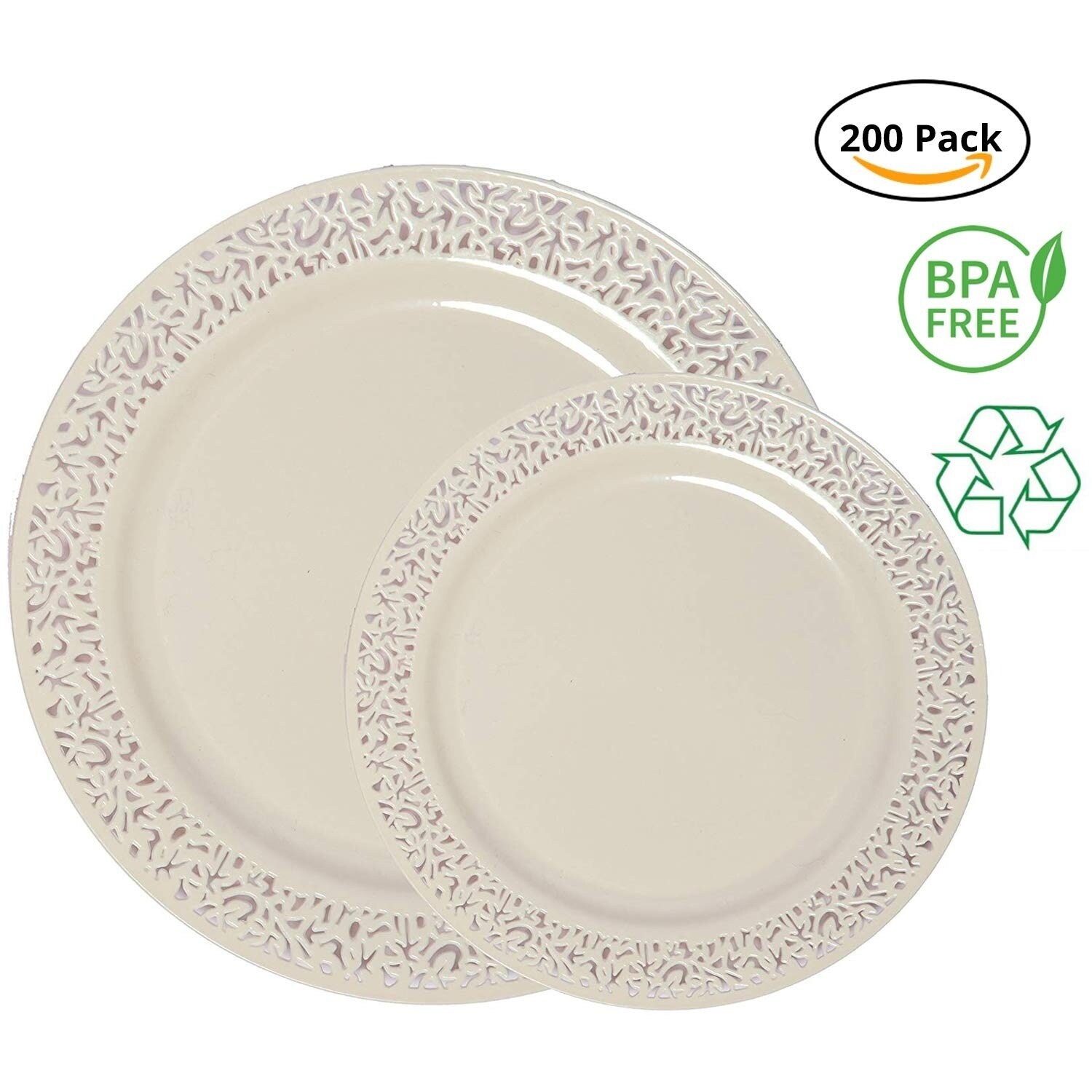 Party Joy 200 Piece Plastic Dinnerware Set Lace Collection 100 Dinner Plates 100 Salad Plates Ivory Overstock 28255823